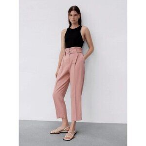 NWOT Zara pink paperbag elastic high waist belted crop trouser pants S